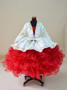 White And Red Ball Gowns Embroidery and Ruffles Kids Pageant Dress Lace Up Organza Sleeveless Floor Length