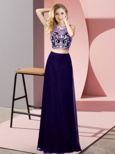 Hot Sale Purple Sleeveless Floor Length Beading Backless Prom Dresses
