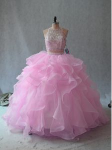 Wonderful Pink Sleeveless Floor Length Beading and Ruffles Backless Sweet 16 Dress