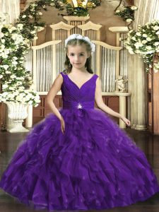 Purple Sleeveless Floor Length Beading and Ruffles Backless Little Girls Pageant Gowns