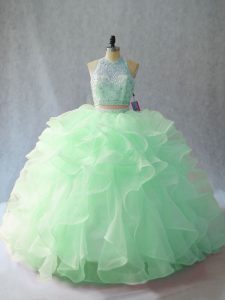 Apple Green 15 Quinceanera Dress Sweet 16 and Quinceanera with Beading and Ruffles Halter Top Sleeveless Brush Train Backless