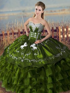 Fantastic Floor Length Lace Up Sweet 16 Dress Olive Green for Sweet 16 and Quinceanera with Embroidery and Ruffles