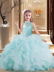 On Sale Sleeveless Beading and Ruffles Lace Up Little Girl Pageant Dress with Light Blue Brush Train