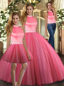 Sleeveless Tulle Floor Length Backless Sweet 16 Dresses in Coral Red with Beading