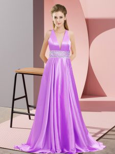 Empire Sleeveless Lavender Celebrity Dress Brush Train Backless