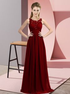 Chiffon Scoop Sleeveless Zipper Beading and Appliques Quinceanera Court Dresses in Burgundy