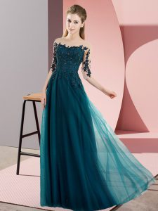 Most Popular Peacock Green Chiffon Lace Up Wedding Guest Dresses Half Sleeves Floor Length Beading and Lace