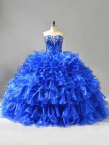 Modest Sleeveless Organza Lace Up 15 Quinceanera Dress in Royal Blue with Beading and Ruffles