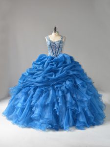 Sophisticated Blue Lace Up Ball Gown Prom Dress Beading and Ruffles Sleeveless Floor Length