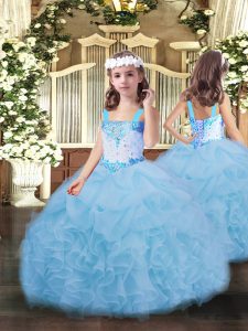 Sleeveless Organza Floor Length Lace Up Pageant Dress for Girls in Blue with Beading and Ruffles and Pick Ups