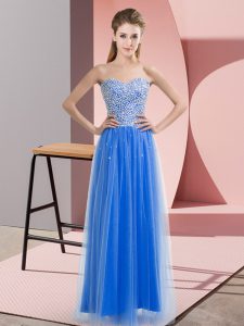 Blue Empire Tulle Sweetheart Sleeveless Beading Floor Length Lace Up Pageant Dress