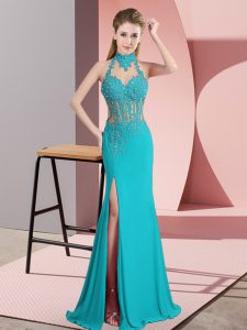 Sleeveless Chiffon Floor Length Backless Prom Dress in Aqua Blue with Beading