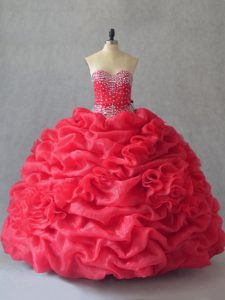 Sleeveless Floor Length Beading and Pick Ups Lace Up Quince Ball Gowns with Coral Red