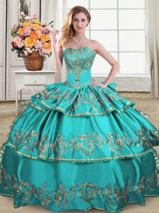 New Style Aqua Blue Ball Gowns Sweetheart Sleeveless Satin and Organza Floor Length Lace Up Embroidery and Ruffled Layers Vestidos de Quinceanera