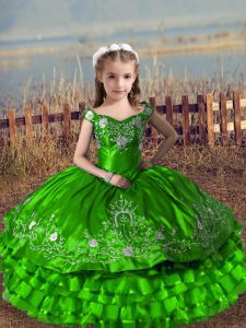 Popular Green Satin and Organza Lace Up Off The Shoulder Sleeveless Floor Length Girls Pageant Dresses Embroidery and Ruffled Layers