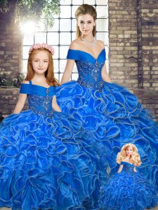 Royal Blue Ball Gowns Organza Off The Shoulder Sleeveless Beading and Ruffles Floor Length Lace Up Quinceanera Dresses