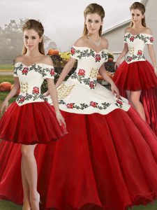 Eye-catching Off The Shoulder Sleeveless Quinceanera Gown Floor Length Embroidery White And Red Organza