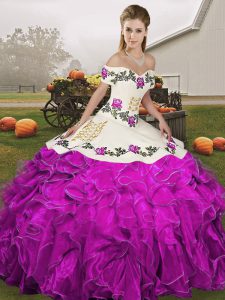 Romantic Sleeveless Organza Floor Length Lace Up 15 Quinceanera Dress in White And Purple with Embroidery and Ruffles