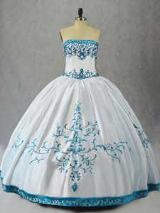 Aqua Blue Lace Up Strapless Embroidery Quinceanera Dresses Satin Sleeveless