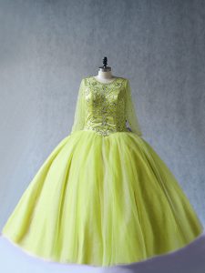 Ball Gowns Ball Gown Prom Dress Yellow Green Scoop Tulle Long Sleeves Floor Length Lace Up