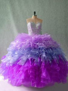 Sleeveless Organza Floor Length Lace Up Sweet 16 Dress in Multi-color with Beading and Ruffles