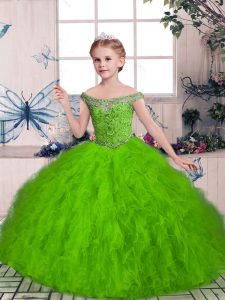 Ball Gowns Off The Shoulder Sleeveless Tulle Floor Length Lace Up Beading and Ruffles Pageant Dress Wholesale