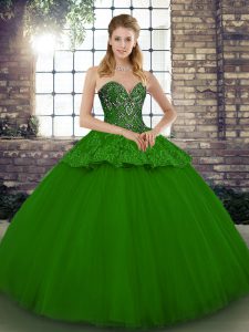 Green Tulle Lace Up Sweetheart Sleeveless Floor Length Sweet 16 Dress Beading and Appliques
