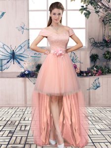 Pink A-line Lace and Hand Made Flower Lace Up Tulle Short Sleeves High Low