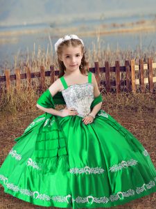 Straps Sleeveless Lace Up Kids Pageant Dress Green Satin
