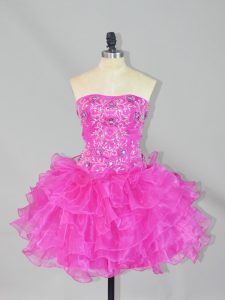 Stylish Fuchsia Organza Lace Up Dress for Prom Sleeveless Mini Length Beading and Ruffles