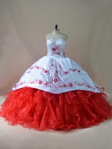 Sleeveless Satin and Organza Court Train Lace Up Quinceanera Gowns in White And Red with Embroidery