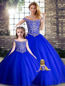 Elegant Royal Blue Tulle Lace Up Quince Ball Gowns Sleeveless Brush Train Beading