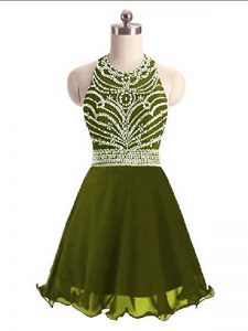 On Sale Chiffon Halter Top Sleeveless Lace Up Beading Dress for Prom in Olive Green