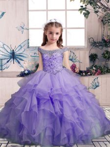 Lavender Lace Up Kids Formal Wear Beading and Ruffles Sleeveless Floor Length