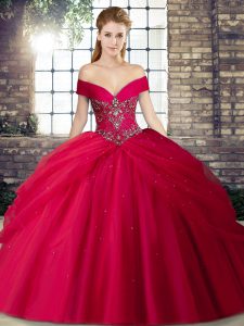 New Arrival Red Ball Gowns Beading and Pick Ups Vestidos de Quinceanera Lace Up Tulle Sleeveless