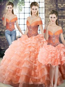 Glittering Peach Three Pieces Beading and Ruffled Layers Ball Gown Prom Dress Lace Up Organza Sleeveless