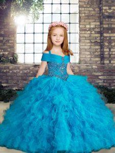Custom Fit Floor Length Baby Blue Custom Made Pageant Dress Tulle Sleeveless Beading and Ruffles