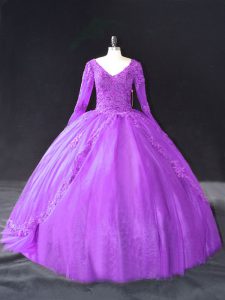 Most Popular Purple Ball Gowns V-neck Long Sleeves Tulle Floor Length Lace Up Lace and Appliques Ball Gown Prom Dress