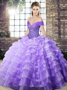 Suitable Lavender Lace Up Off The Shoulder Beading and Ruffled Layers Ball Gown Prom Dress Organza Sleeveless Brush Train