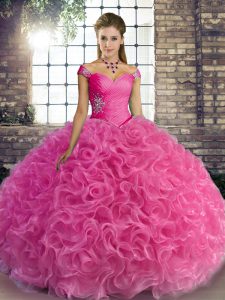 Rose Pink Sweet 16 Dresses Military Ball and Sweet 16 and Quinceanera with Beading Off The Shoulder Sleeveless Lace Up