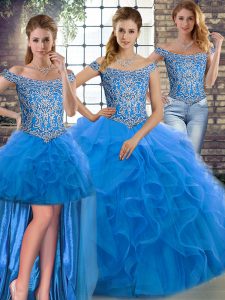 Three Pieces Sleeveless Blue Quinceanera Dresses Brush Train Lace Up