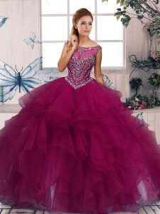 Graceful Floor Length Fuchsia Ball Gown Prom Dress Organza Sleeveless Beading and Ruffles