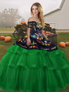 Customized Tulle Sleeveless 15th Birthday Dress Brush Train and Embroidery and Ruffled Layers