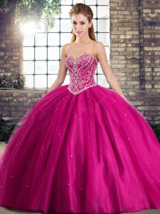 Beading Ball Gown Prom Dress Fuchsia Lace Up Sleeveless Brush Train