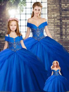 Royal Blue Ball Gowns Off The Shoulder Sleeveless Tulle Brush Train Lace Up Beading and Pick Ups 15 Quinceanera Dress