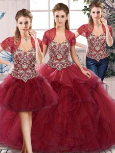 Great Burgundy Off The Shoulder Neckline Beading and Ruffles 15 Quinceanera Dress Sleeveless Lace Up