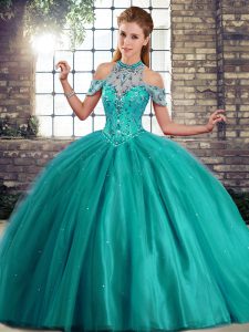 Admirable Sleeveless Beading Lace Up 15 Quinceanera Dress with Turquoise Brush Train