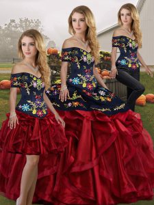 Three Pieces Sweet 16 Dresses Red And Black Off The Shoulder Organza Sleeveless Floor Length Lace Up