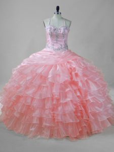 Hot Sale Halter Top Sleeveless Sweet 16 Dress Floor Length Beading and Ruffled Layers Pink Organza