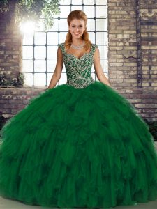 Green Organza Lace Up Vestidos de Quinceanera Sleeveless Floor Length Beading and Ruffles